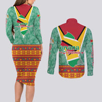 Guyana Christmas Santa Leopard Couples Matching Long Sleeve Bodycon Dress and Long Sleeve Button Shirt with Green Red Yellow Gift and Map - Wonder Print Shop