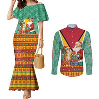 Guyana Christmas Santa Leopard Couples Matching Mermaid Dress and Long Sleeve Button Shirt with Green Red Yellow Gift and Map - Wonder Print Shop