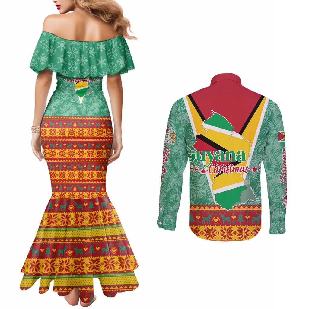 Guyana Christmas Santa Leopard Couples Matching Mermaid Dress and Long Sleeve Button Shirt with Green Red Yellow Gift and Map - Wonder Print Shop