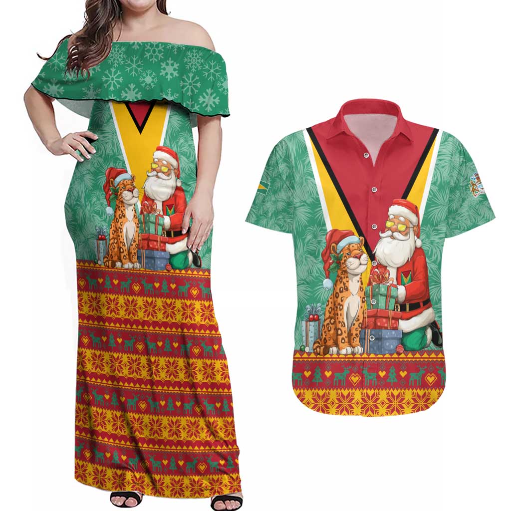Guyana Christmas Santa Leopard Couples Matching Off Shoulder Maxi Dress and Hawaiian Shirt with Green Red Yellow Gift and Map - Wonder Print Shop