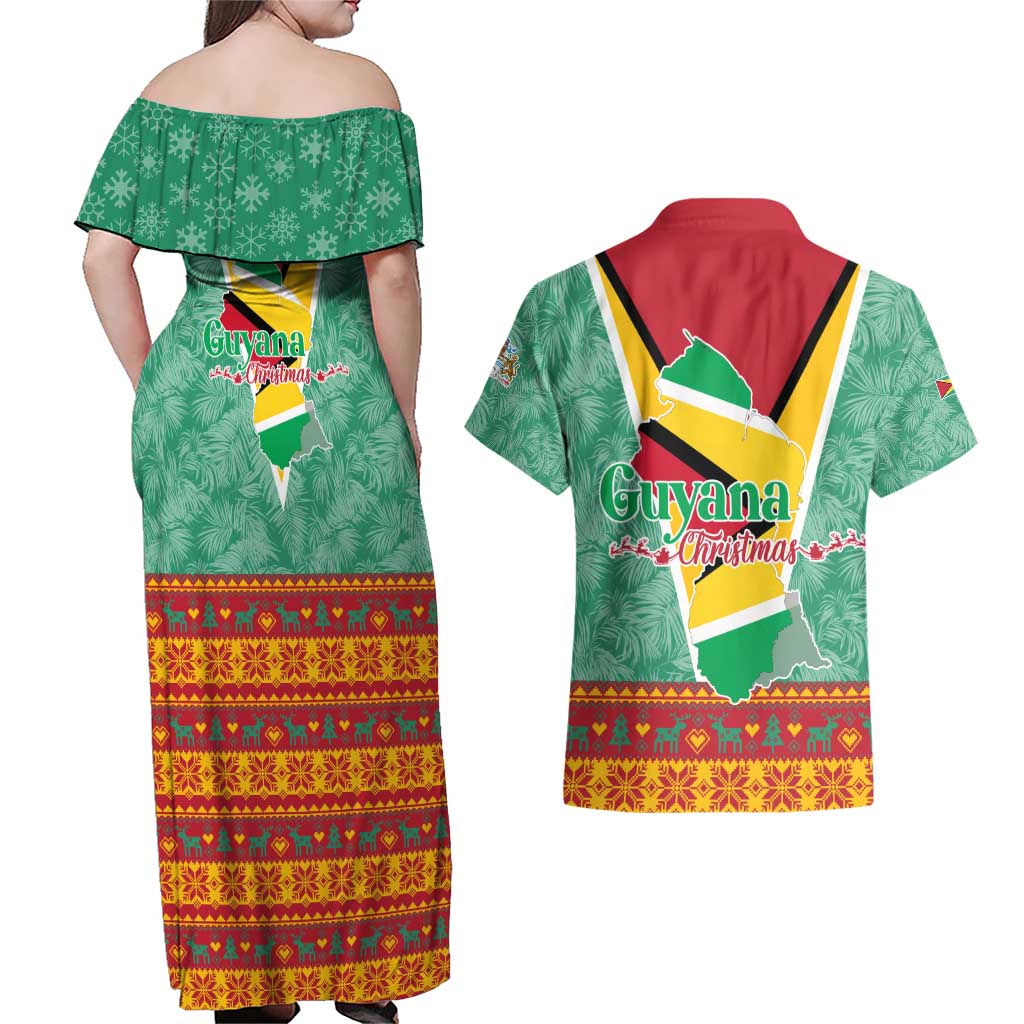 Guyana Christmas Santa Leopard Couples Matching Off Shoulder Maxi Dress and Hawaiian Shirt with Green Red Yellow Gift and Map - Wonder Print Shop