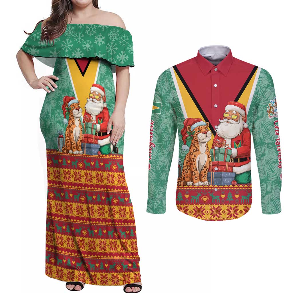 Guyana Christmas Santa Leopard Couples Matching Off Shoulder Maxi Dress and Long Sleeve Button Shirt with Green Red Yellow Gift and Map - Wonder Print Shop