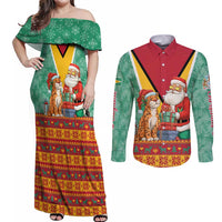 Guyana Christmas Santa Leopard Couples Matching Off Shoulder Maxi Dress and Long Sleeve Button Shirt with Green Red Yellow Gift and Map - Wonder Print Shop