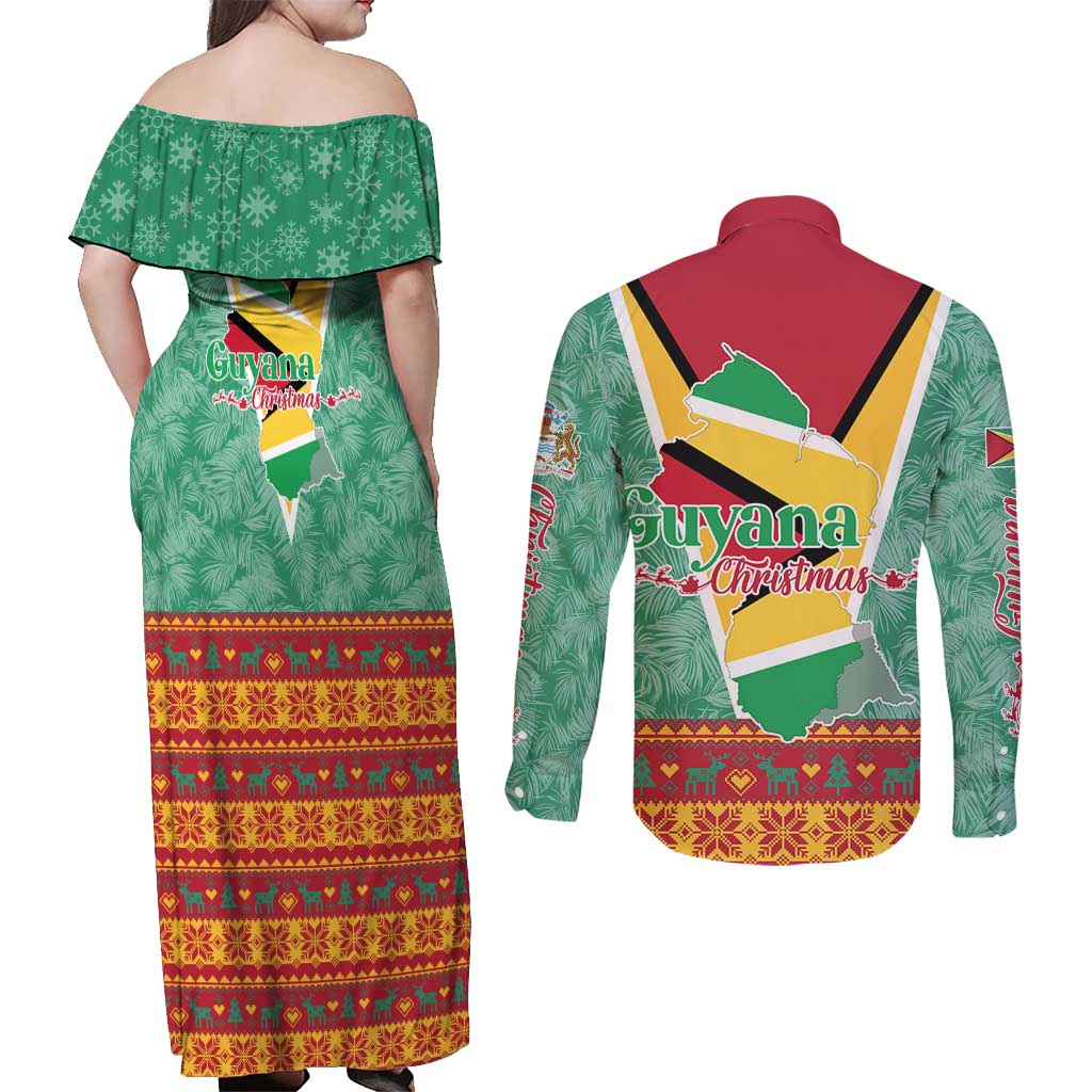 Guyana Christmas Santa Leopard Couples Matching Off Shoulder Maxi Dress and Long Sleeve Button Shirt with Green Red Yellow Gift and Map - Wonder Print Shop