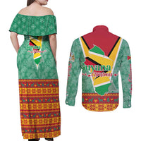 Guyana Christmas Santa Leopard Couples Matching Off Shoulder Maxi Dress and Long Sleeve Button Shirt with Green Red Yellow Gift and Map - Wonder Print Shop