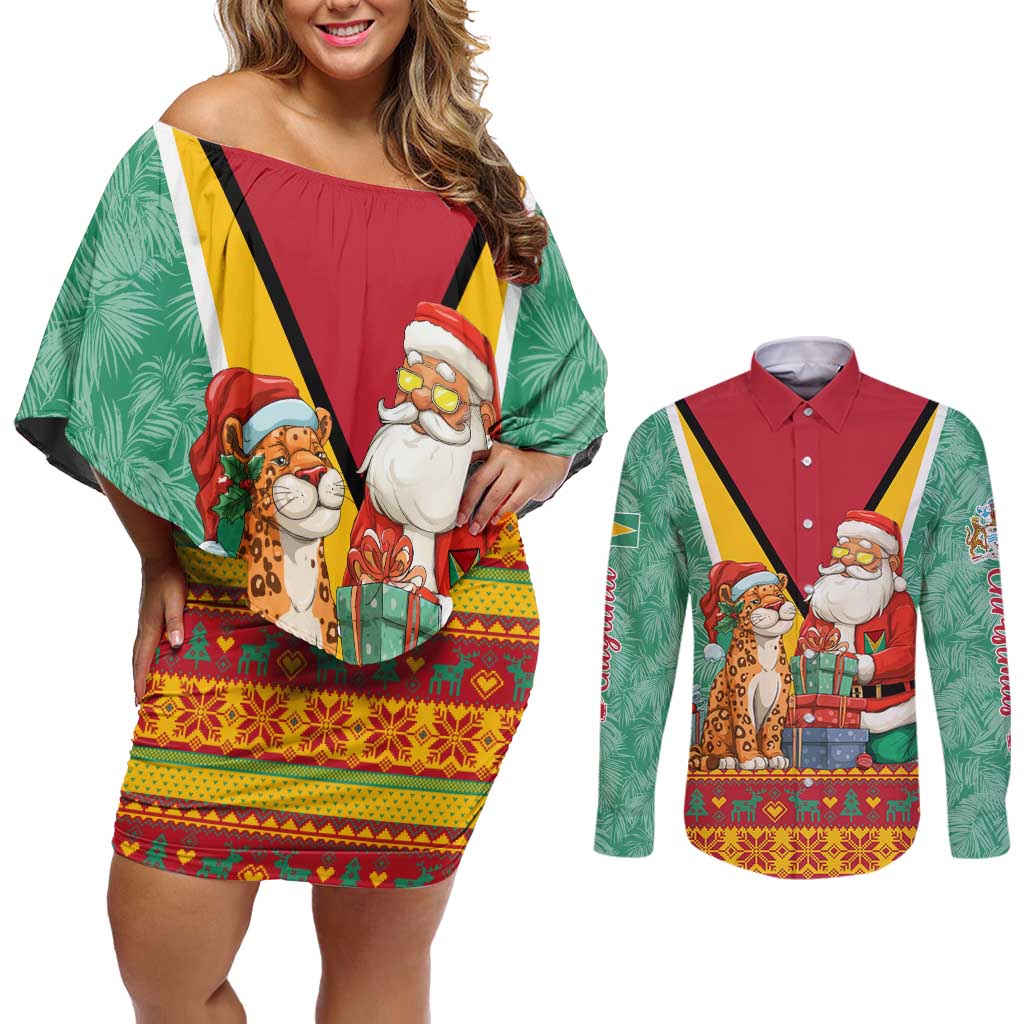 Guyana Christmas Santa Leopard Couples Matching Off Shoulder Short Dress and Long Sleeve Button Shirt with Green Red Yellow Gift and Map - Wonder Print Shop