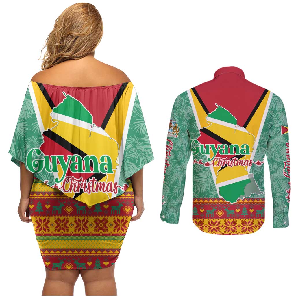 Guyana Christmas Santa Leopard Couples Matching Off Shoulder Short Dress and Long Sleeve Button Shirt with Green Red Yellow Gift and Map - Wonder Print Shop