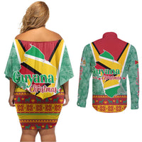 Guyana Christmas Santa Leopard Couples Matching Off Shoulder Short Dress and Long Sleeve Button Shirt with Green Red Yellow Gift and Map - Wonder Print Shop