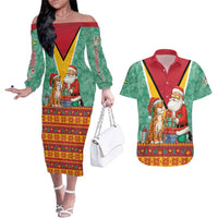 Guyana Christmas Santa Leopard Couples Matching Off The Shoulder Long Sleeve Dress and Hawaiian Shirt with Green Red Yellow Gift and Map - Wonder Print Shop