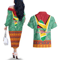 Guyana Christmas Santa Leopard Couples Matching Off The Shoulder Long Sleeve Dress and Hawaiian Shirt with Green Red Yellow Gift and Map - Wonder Print Shop