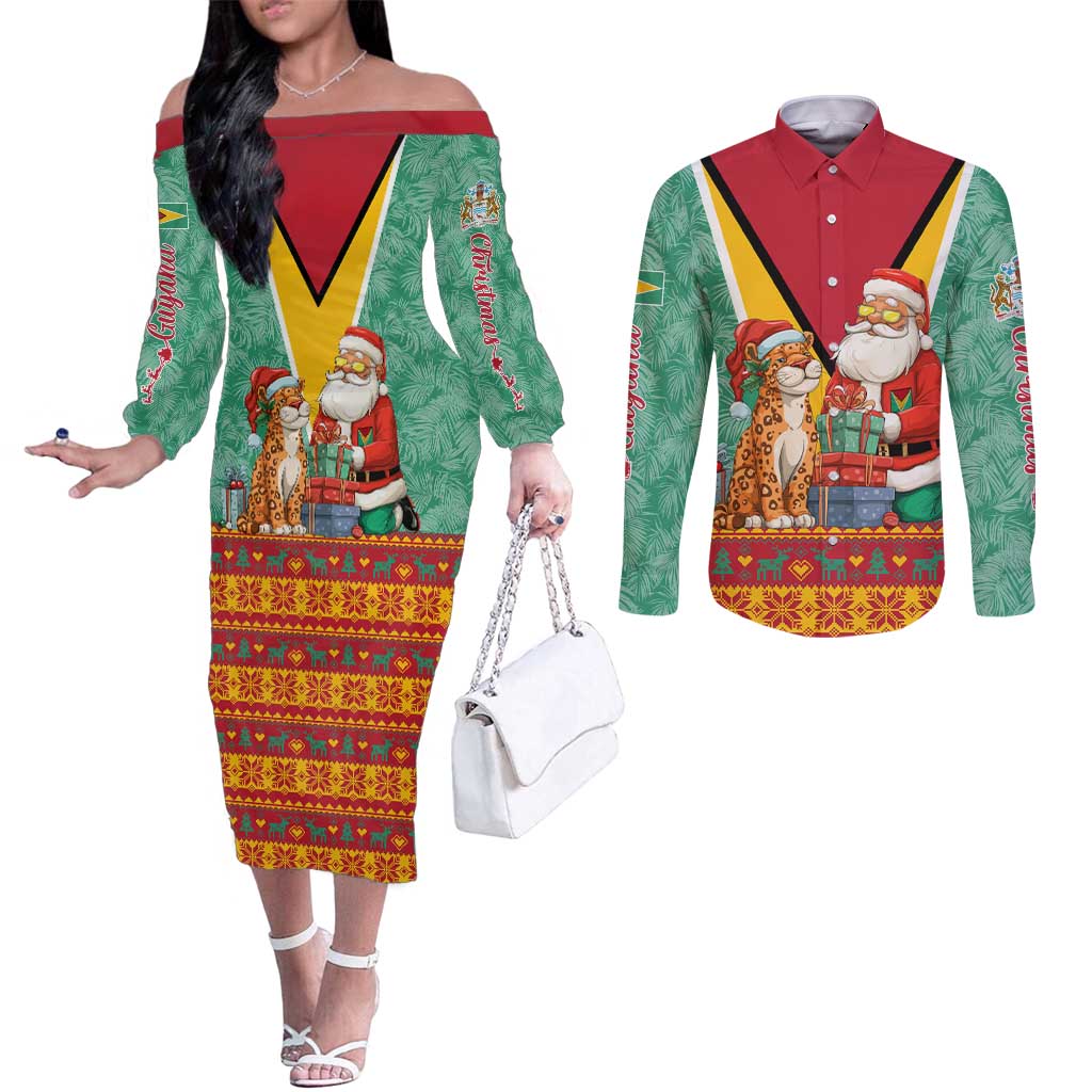 Guyana Christmas Santa Leopard Couples Matching Off The Shoulder Long Sleeve Dress and Long Sleeve Button Shirt with Green Red Yellow Gift and Map - Wonder Print Shop
