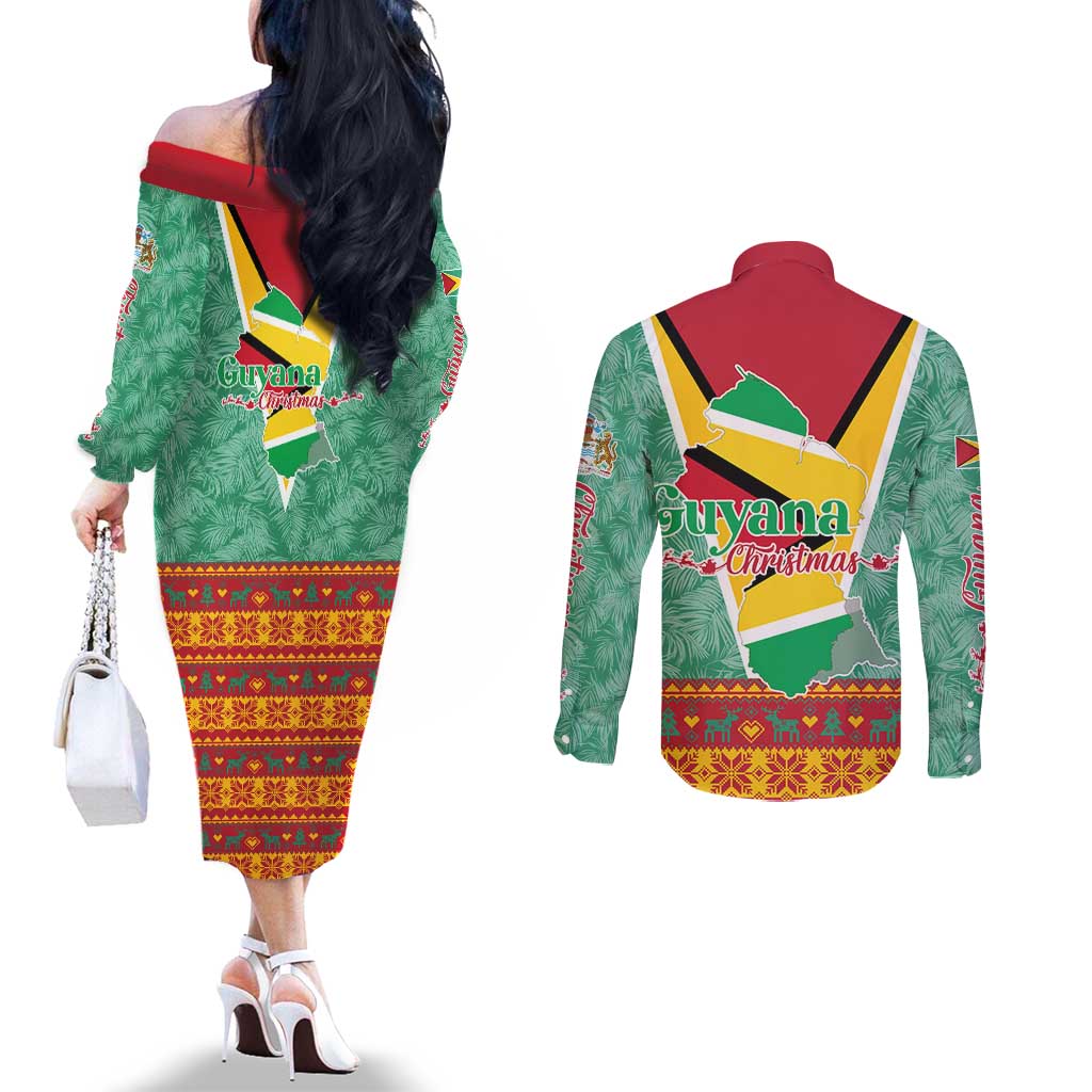 Guyana Christmas Santa Leopard Couples Matching Off The Shoulder Long Sleeve Dress and Long Sleeve Button Shirt with Green Red Yellow Gift and Map - Wonder Print Shop