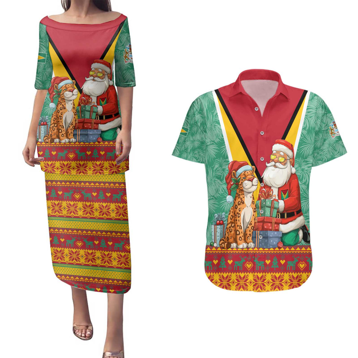 Guyana Christmas Santa Leopard Couples Matching Puletasi and Hawaiian Shirt with Green Red Yellow Gift and Map - Wonder Print Shop