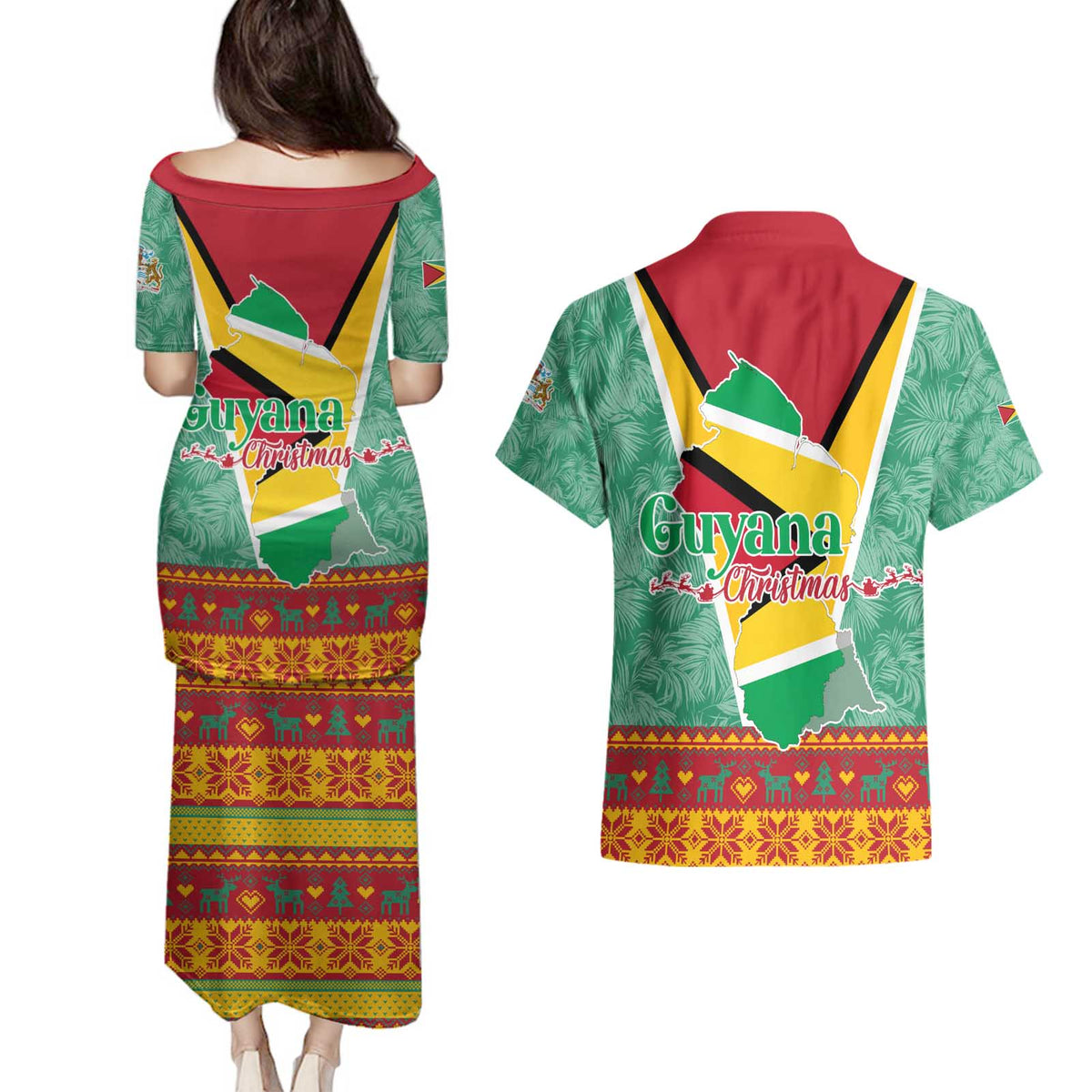 Guyana Christmas Santa Leopard Couples Matching Puletasi and Hawaiian Shirt with Green Red Yellow Gift and Map - Wonder Print Shop