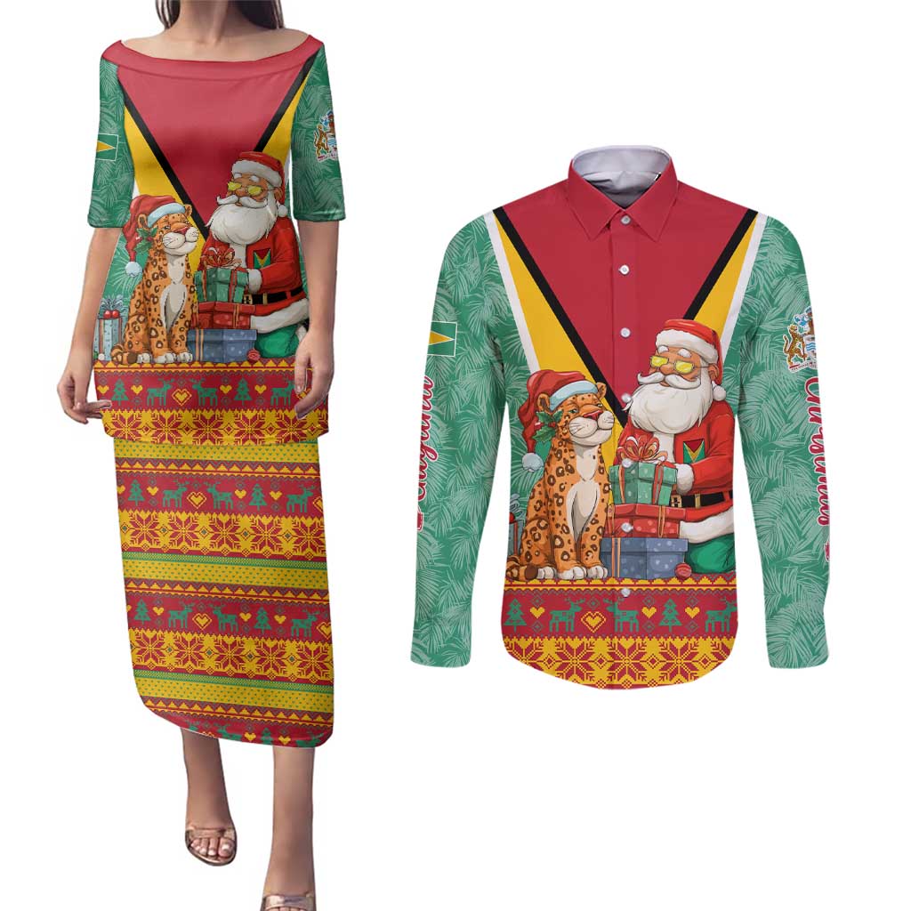 Guyana Christmas Santa Leopard Couples Matching Puletasi and Long Sleeve Button Shirt with Green Red Yellow Gift and Map - Wonder Print Shop