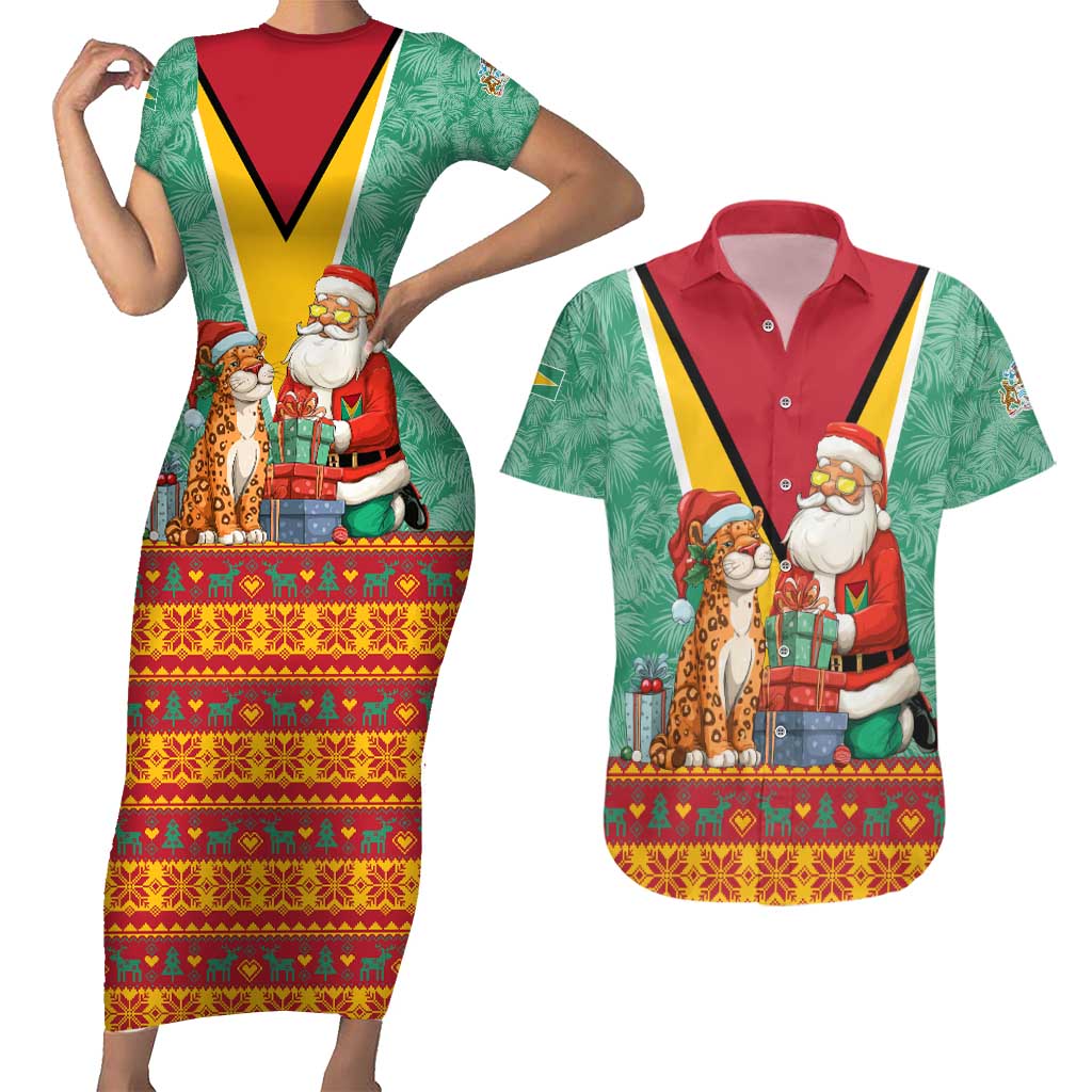 Guyana Christmas Santa Leopard Couples Matching Short Sleeve Bodycon Dress and Hawaiian Shirt with Green Red Yellow Gift and Map - Wonder Print Shop