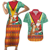 Guyana Christmas Santa Leopard Couples Matching Short Sleeve Bodycon Dress and Hawaiian Shirt with Green Red Yellow Gift and Map - Wonder Print Shop