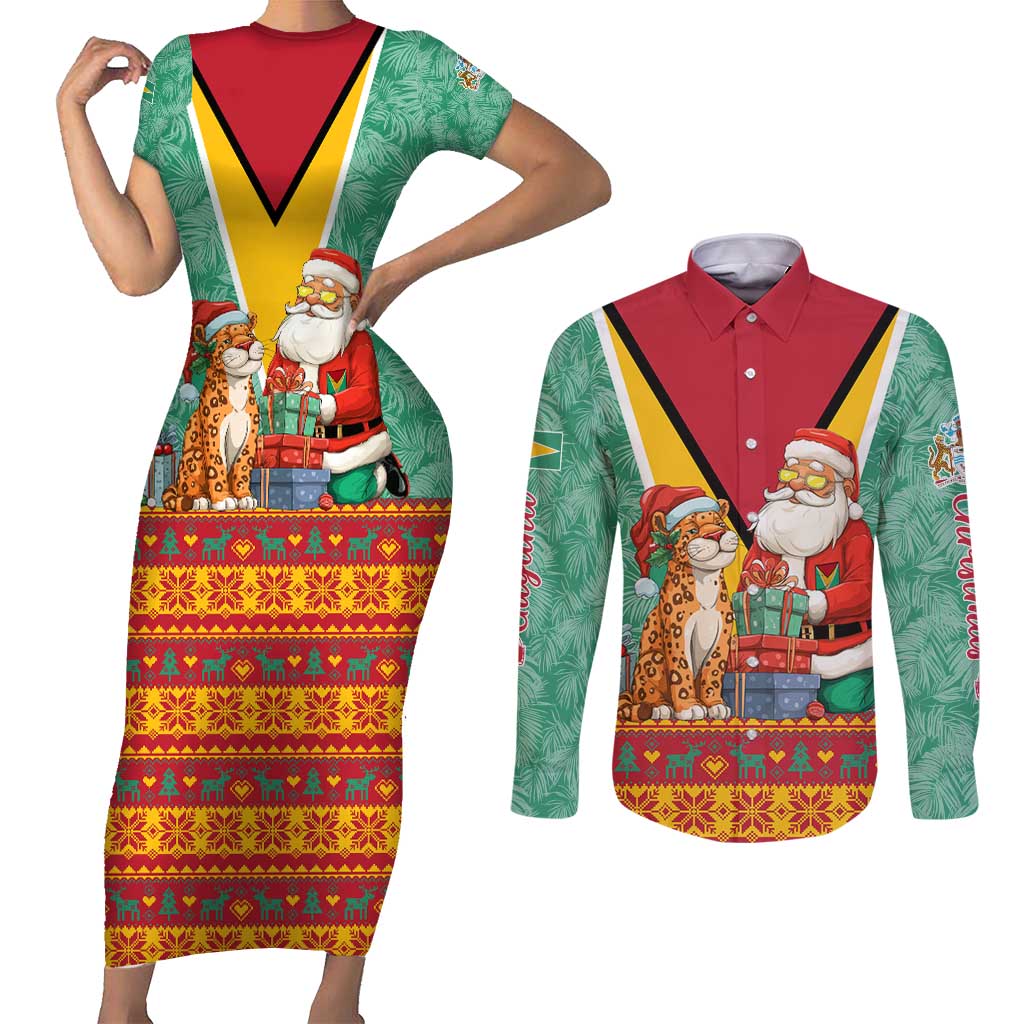 Guyana Christmas Santa Leopard Couples Matching Short Sleeve Bodycon Dress and Long Sleeve Button Shirt with Green Red Yellow Gift and Map - Wonder Print Shop