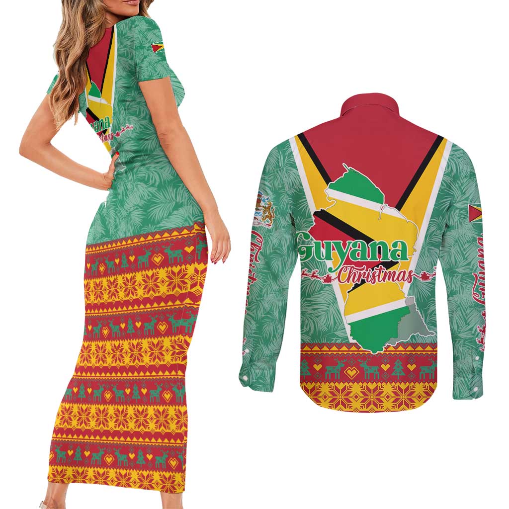 Guyana Christmas Santa Leopard Couples Matching Short Sleeve Bodycon Dress and Long Sleeve Button Shirt with Green Red Yellow Gift and Map - Wonder Print Shop