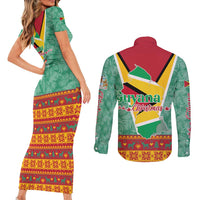 Guyana Christmas Santa Leopard Couples Matching Short Sleeve Bodycon Dress and Long Sleeve Button Shirt with Green Red Yellow Gift and Map - Wonder Print Shop