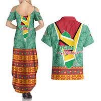 Guyana Christmas Santa Leopard Couples Matching Summer Maxi Dress and Hawaiian Shirt with Green Red Yellow Gift and Map - Wonder Print Shop