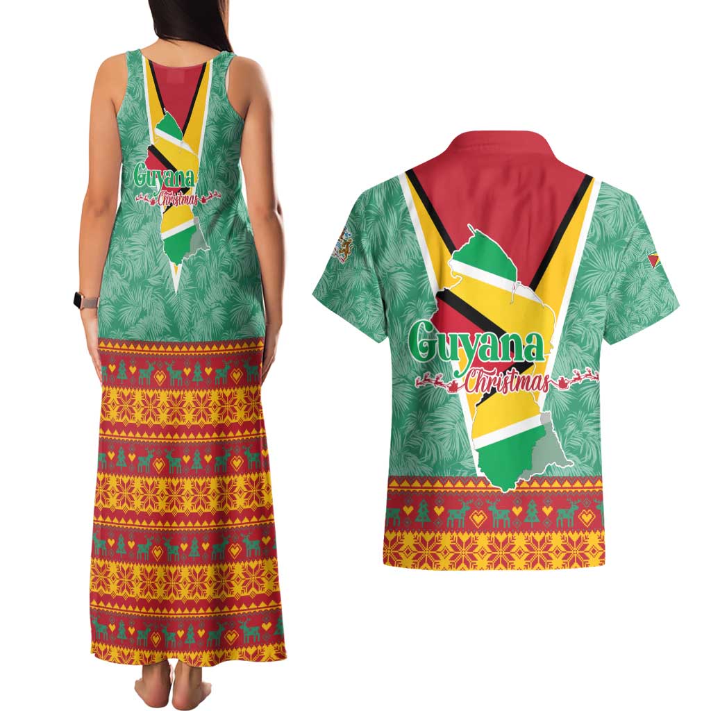 Guyana Christmas Santa Leopard Couples Matching Tank Maxi Dress and Hawaiian Shirt with Green Red Yellow Gift and Map - Wonder Print Shop