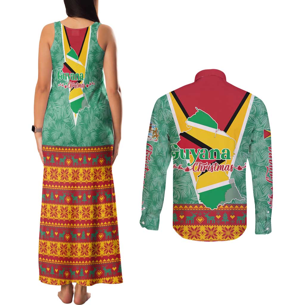 Guyana Christmas Santa Leopard Couples Matching Tank Maxi Dress and Long Sleeve Button Shirt with Green Red Yellow Gift and Map - Wonder Print Shop