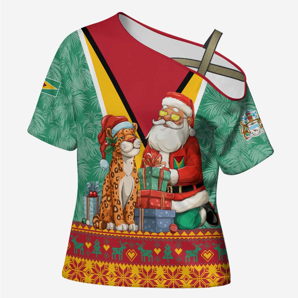Guyana Christmas Santa Leopard Cross Shoulder Shirt with Green Red Yellow Gift and Map - Wonder Print Shop