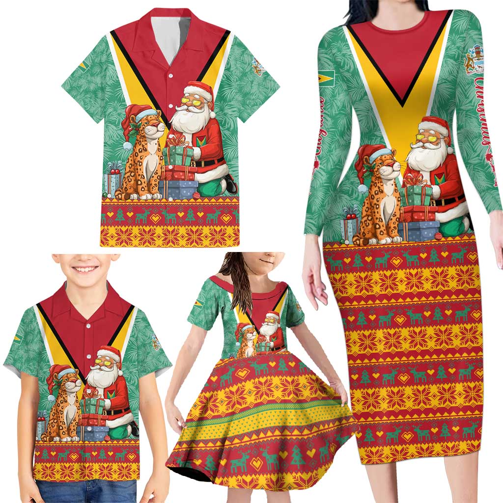 Guyana Christmas Santa Leopard Family Matching Long Sleeve Bodycon Dress and Hawaiian Shirt with Green Red Yellow Gift and Map - Wonder Print Shop