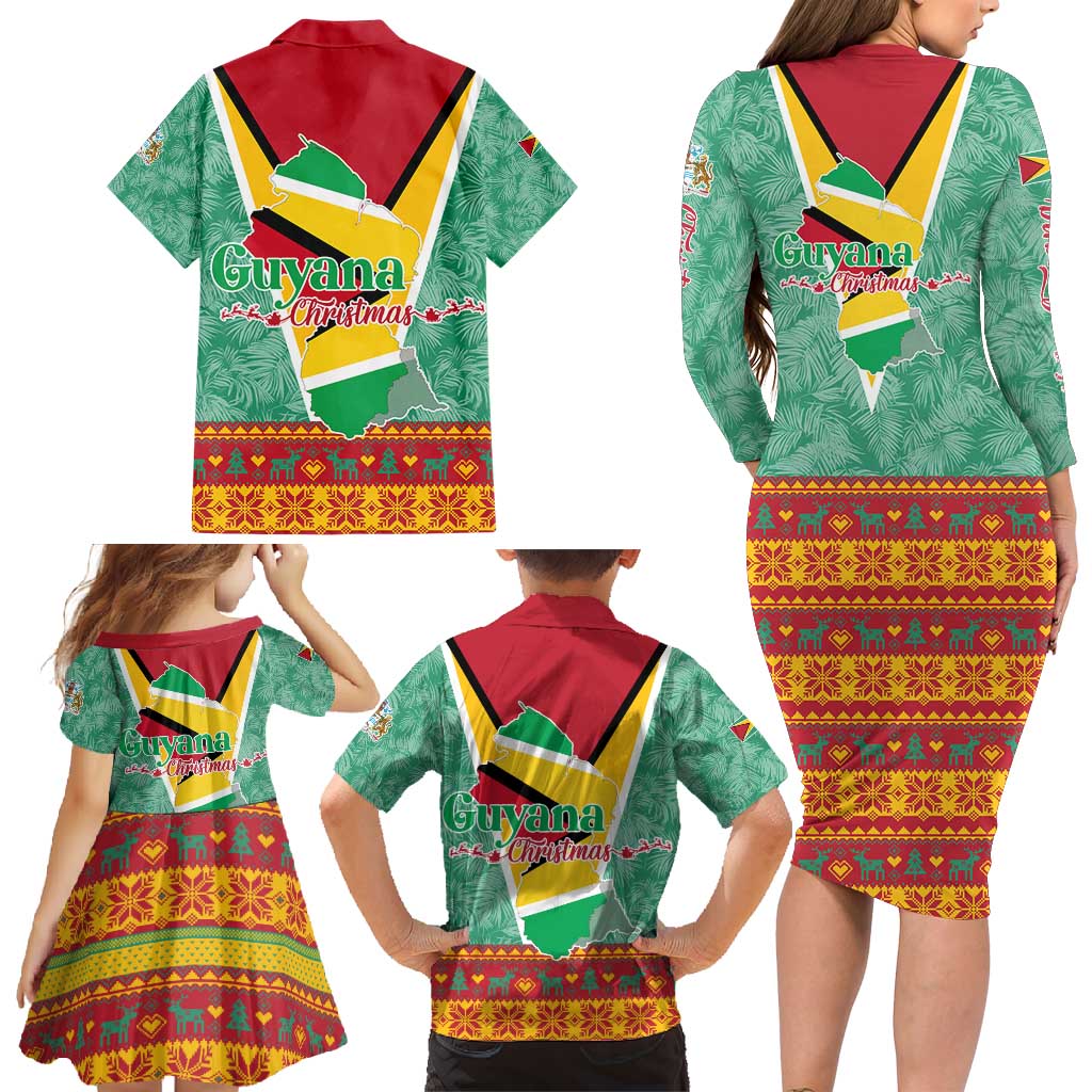 Guyana Christmas Santa Leopard Family Matching Long Sleeve Bodycon Dress and Hawaiian Shirt with Green Red Yellow Gift and Map - Wonder Print Shop