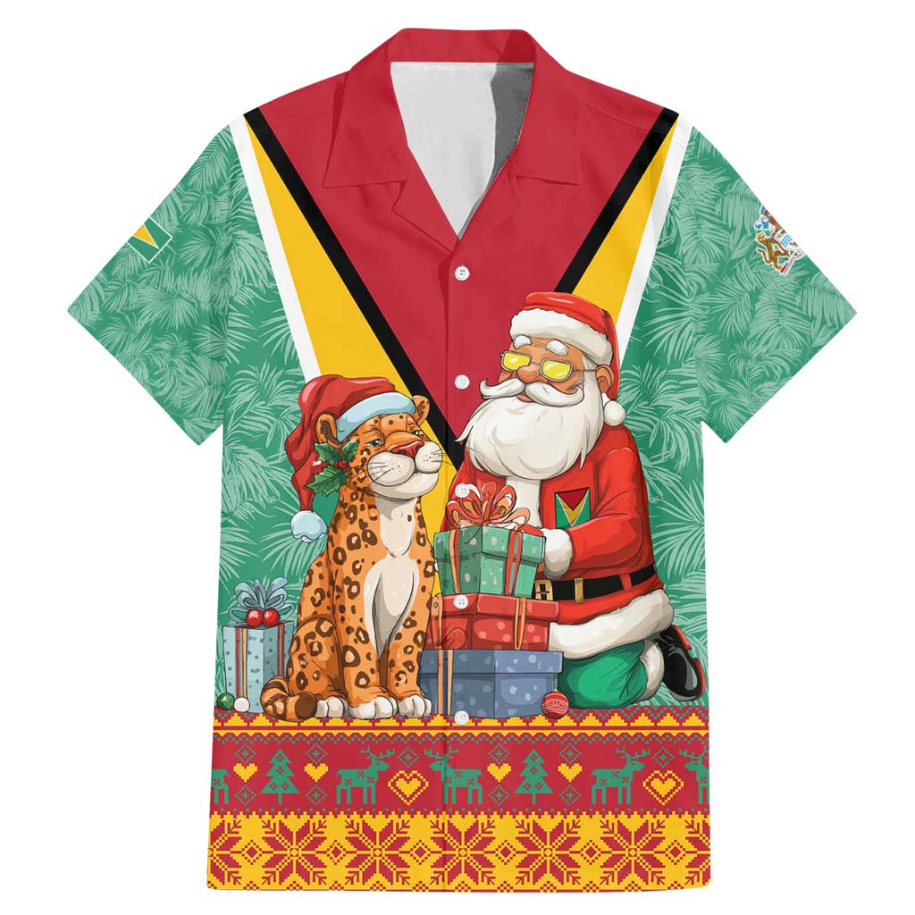 Guyana Christmas Santa Leopard Family Matching Mermaid Dress and Hawaiian Shirt with Green Red Yellow Gift and Map - Wonder Print Shop