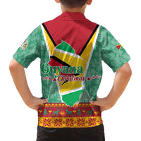 Guyana Christmas Santa Leopard Family Matching Off The Shoulder Long Sleeve Dress and Hawaiian Shirt with Green Red Yellow Gift and Map - Wonder Print Shop