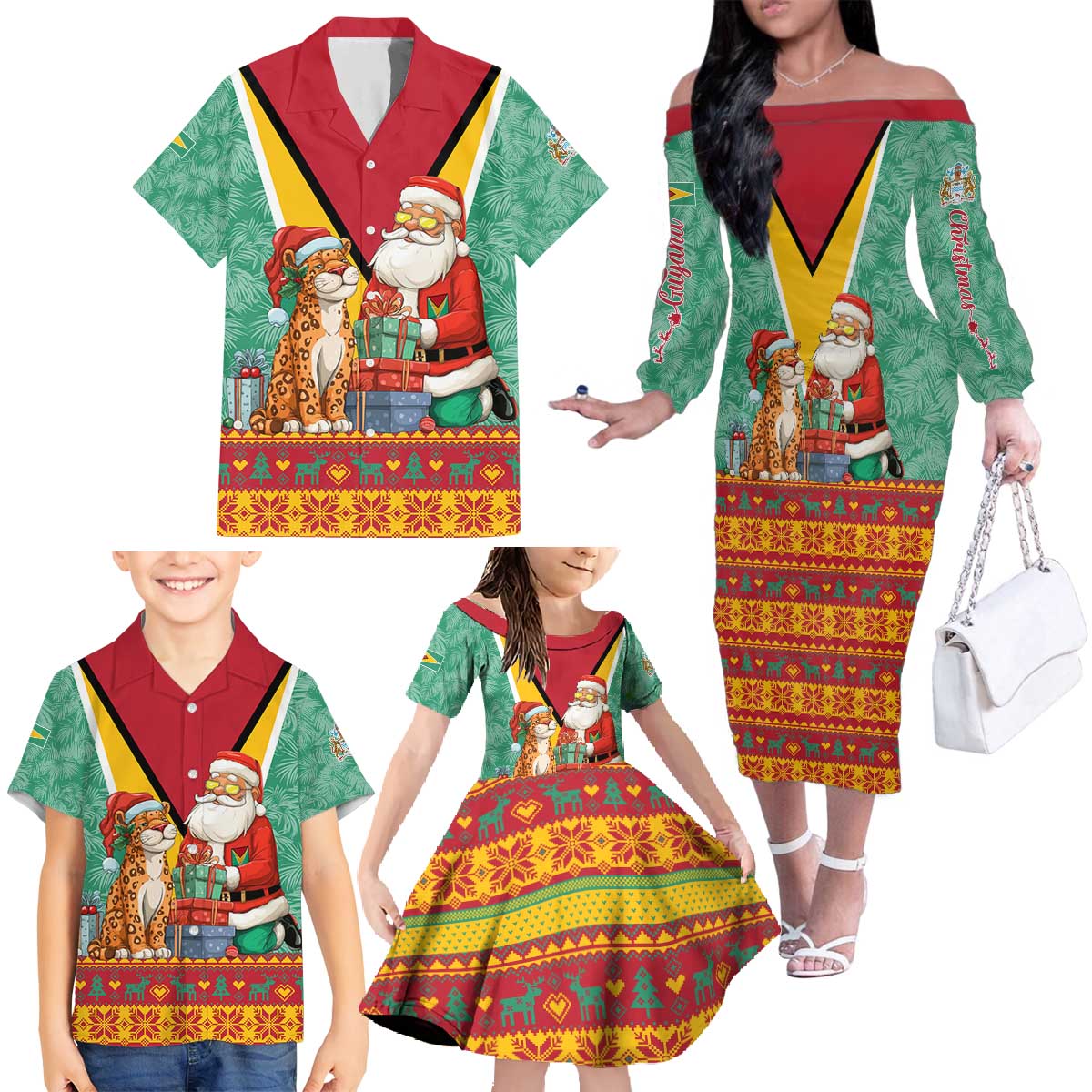 Guyana Christmas Santa Leopard Family Matching Off The Shoulder Long Sleeve Dress and Hawaiian Shirt with Green Red Yellow Gift and Map - Wonder Print Shop