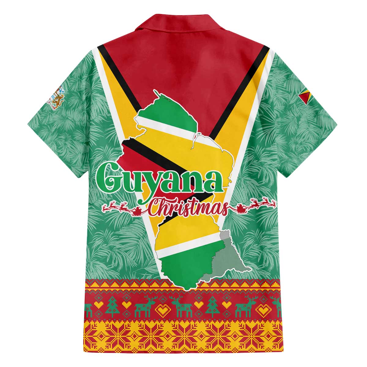 Guyana Christmas Santa Leopard Family Matching Off The Shoulder Long Sleeve Dress and Hawaiian Shirt with Green Red Yellow Gift and Map - Wonder Print Shop