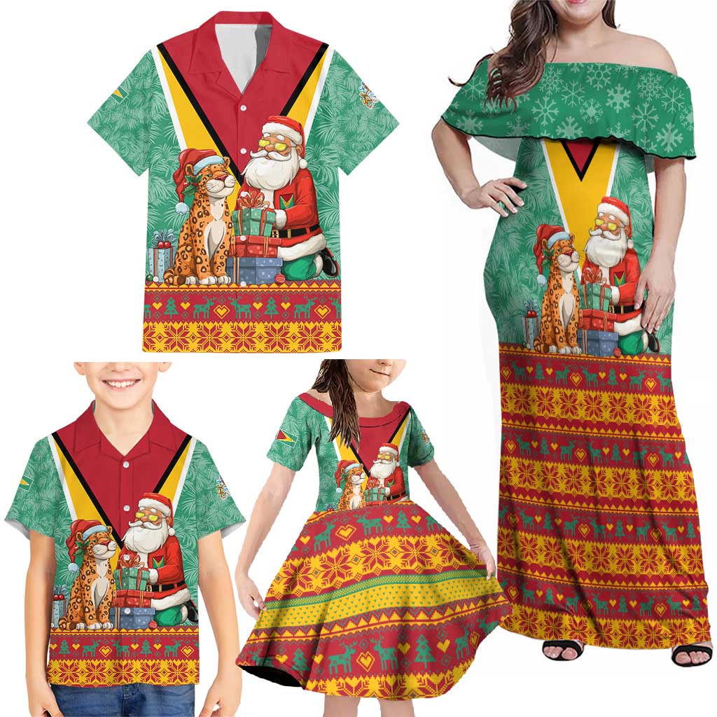 Guyana Christmas Santa Leopard Family Matching Off Shoulder Maxi Dress and Hawaiian Shirt with Green Red Yellow Gift and Map - Wonder Print Shop