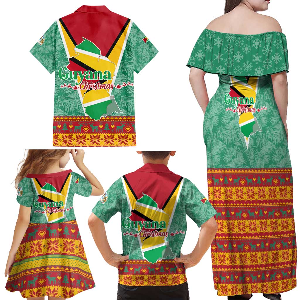 Guyana Christmas Santa Leopard Family Matching Off Shoulder Maxi Dress and Hawaiian Shirt with Green Red Yellow Gift and Map - Wonder Print Shop