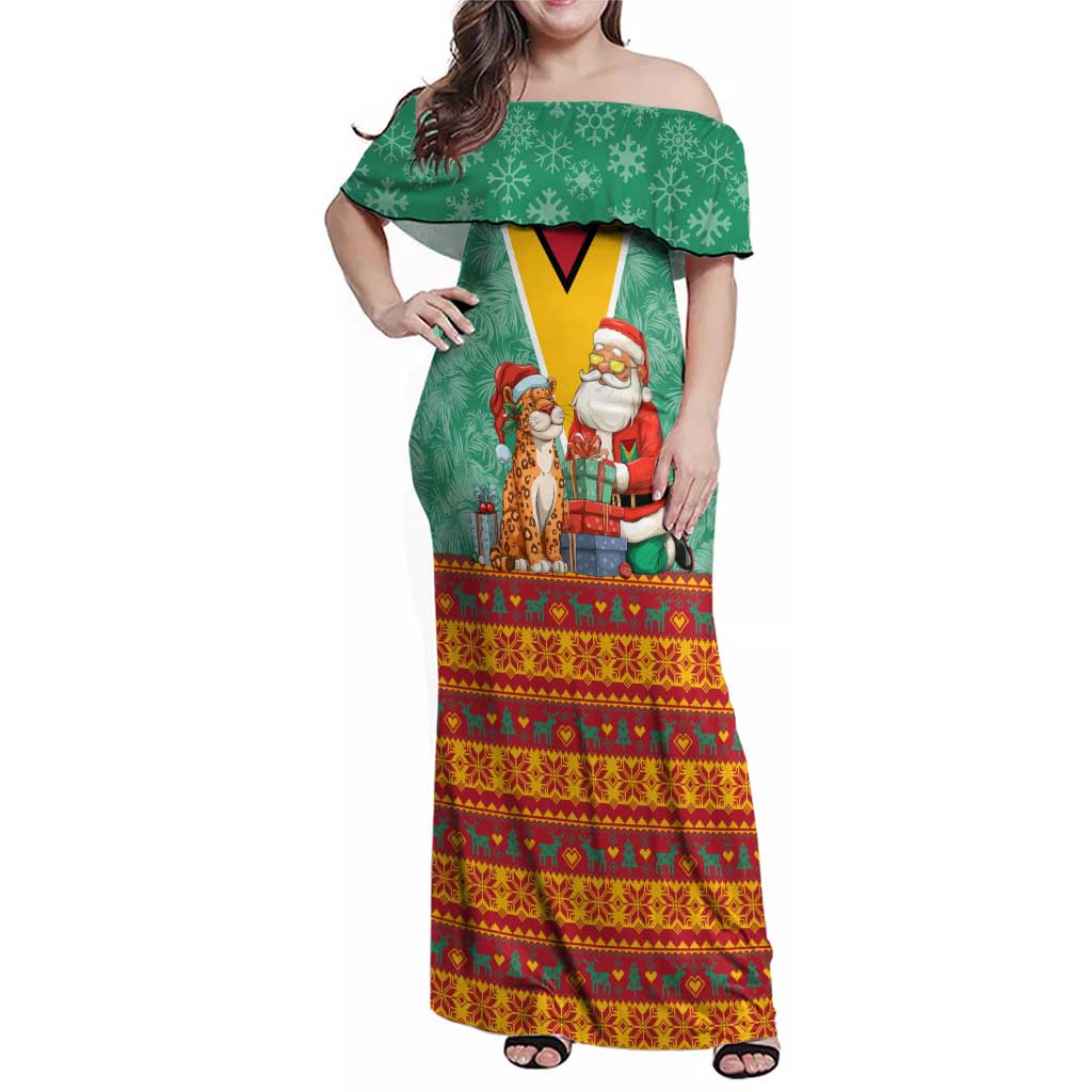 Guyana Christmas Santa Leopard Family Matching Off Shoulder Maxi Dress and Hawaiian Shirt with Green Red Yellow Gift and Map - Wonder Print Shop