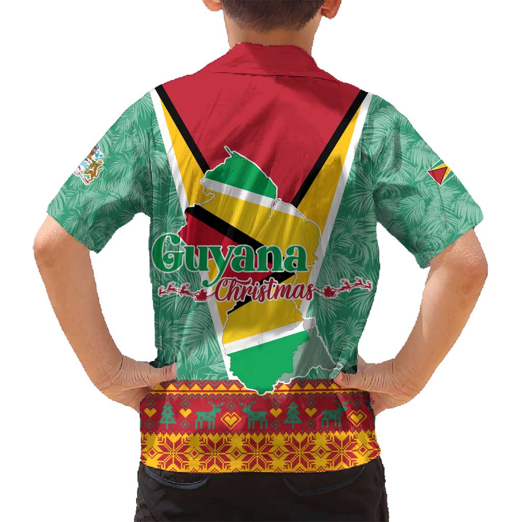 Guyana Christmas Santa Leopard Family Matching Off Shoulder Short Dress and Hawaiian Shirt with Green Red Yellow Gift and Map - Wonder Print Shop