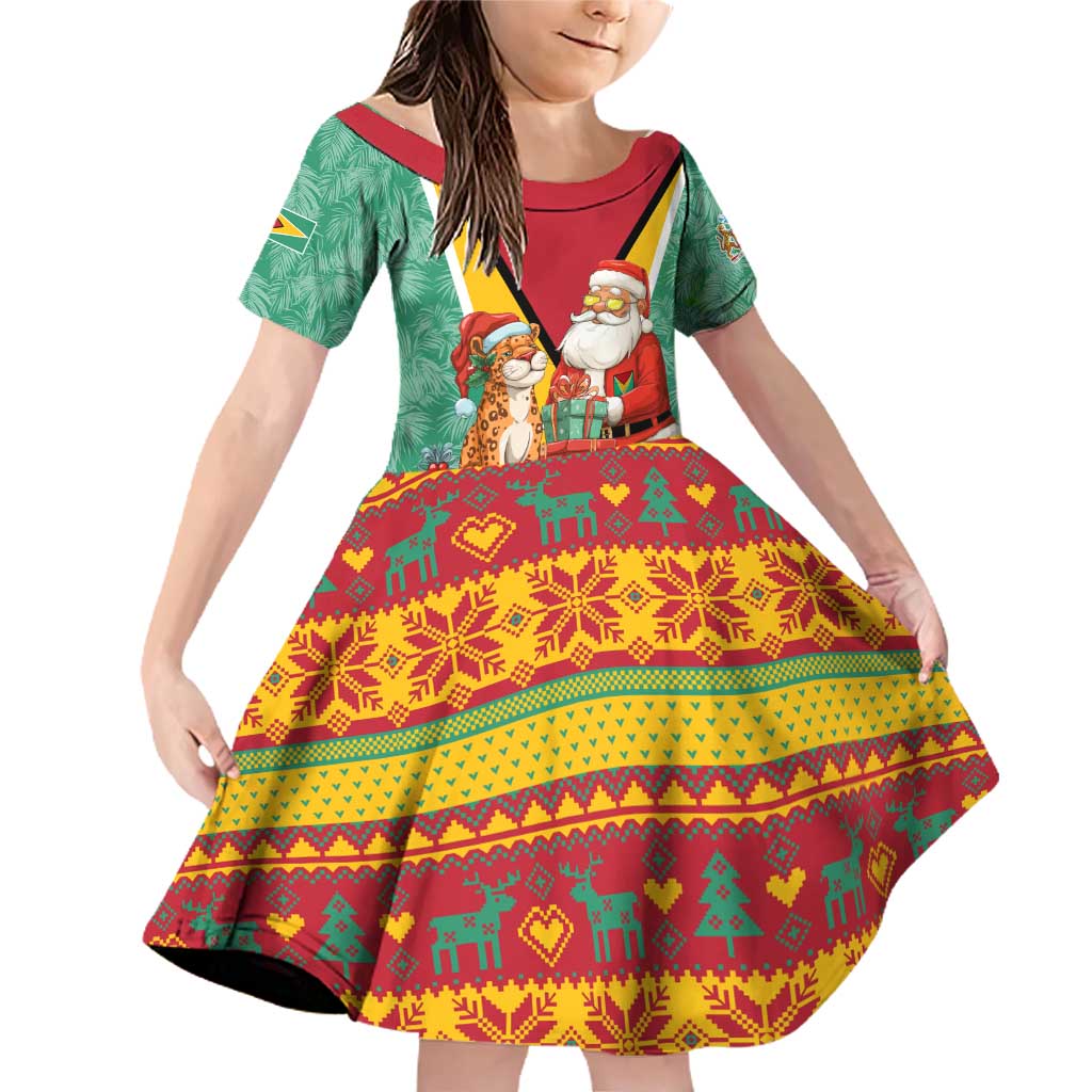 Guyana Christmas Santa Leopard Family Matching Off Shoulder Short Dress and Hawaiian Shirt with Green Red Yellow Gift and Map - Wonder Print Shop