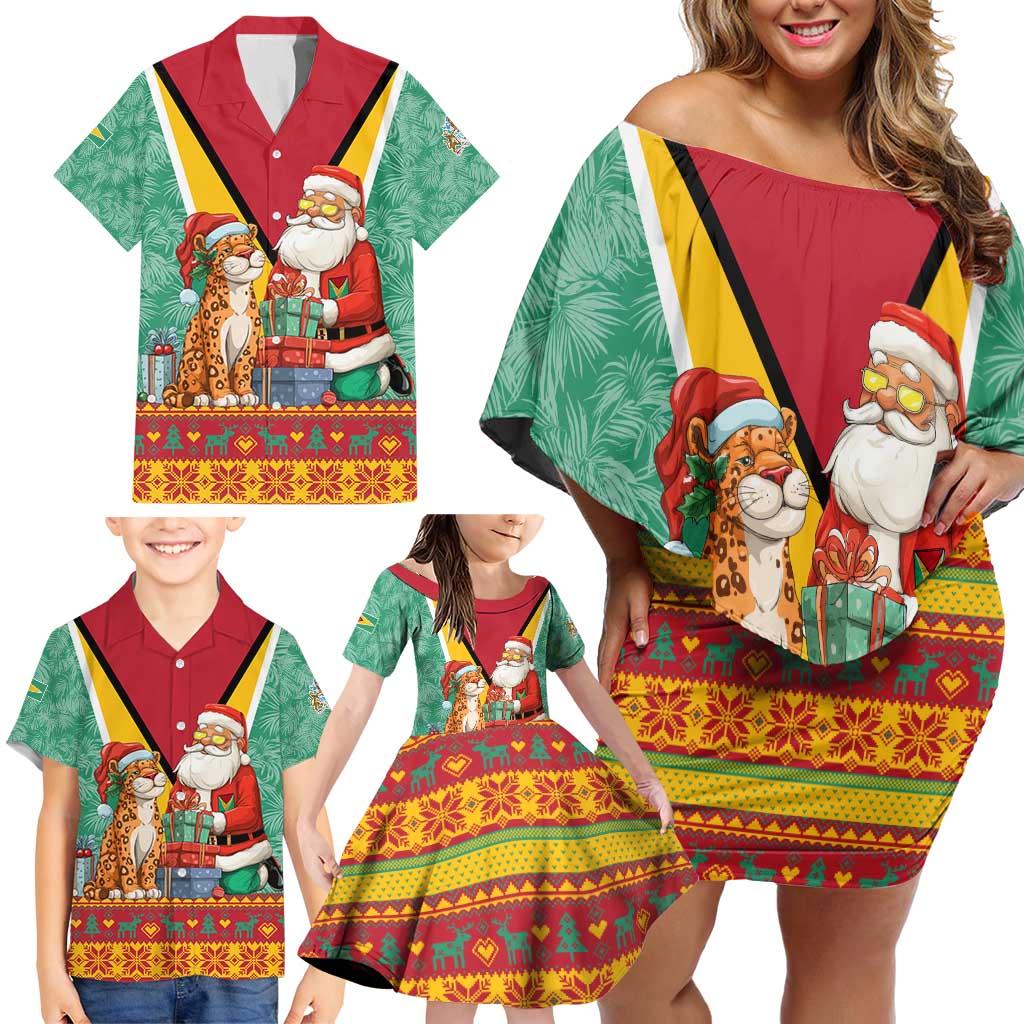 Guyana Christmas Santa Leopard Family Matching Off Shoulder Short Dress and Hawaiian Shirt with Green Red Yellow Gift and Map - Wonder Print Shop
