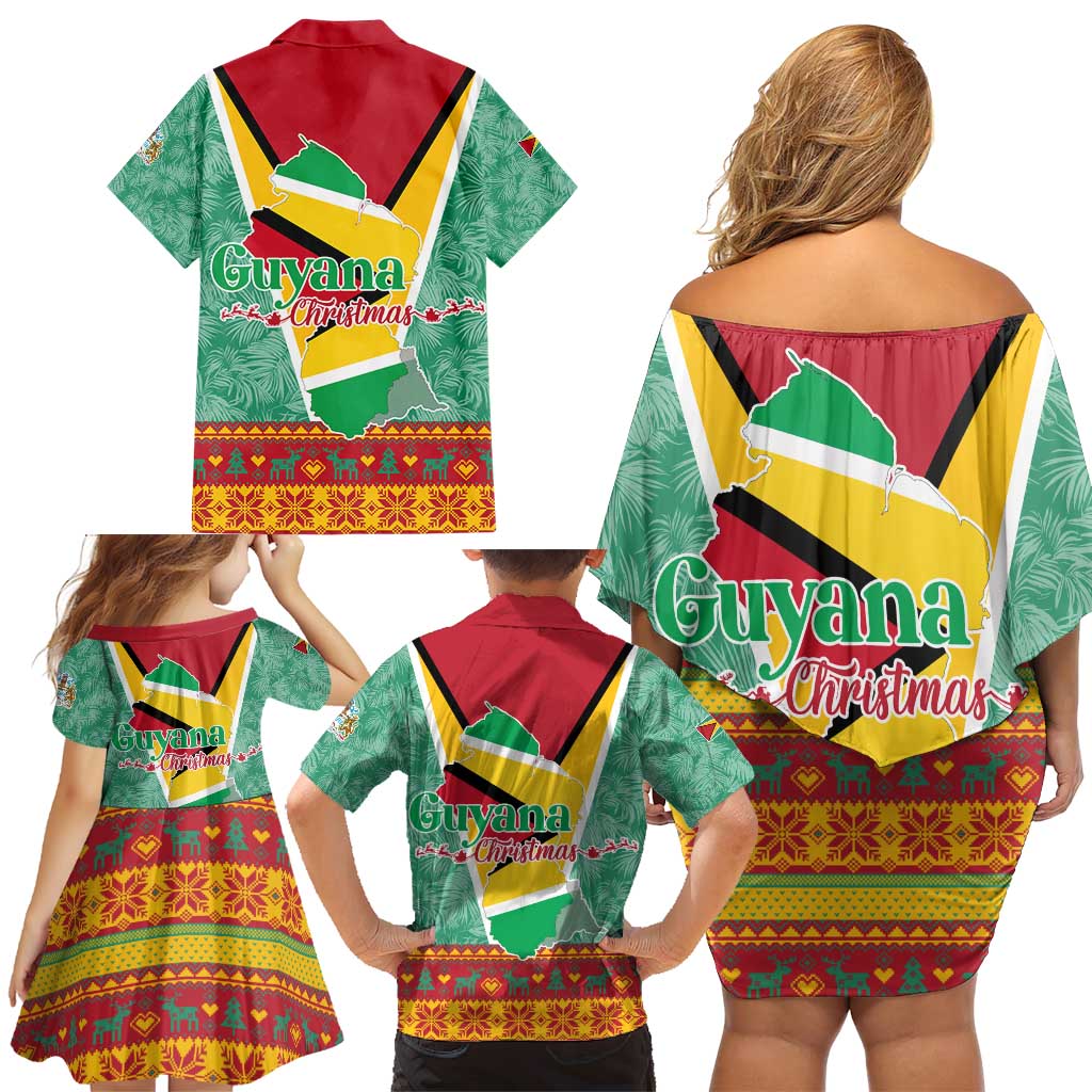 Guyana Christmas Santa Leopard Family Matching Off Shoulder Short Dress and Hawaiian Shirt with Green Red Yellow Gift and Map - Wonder Print Shop