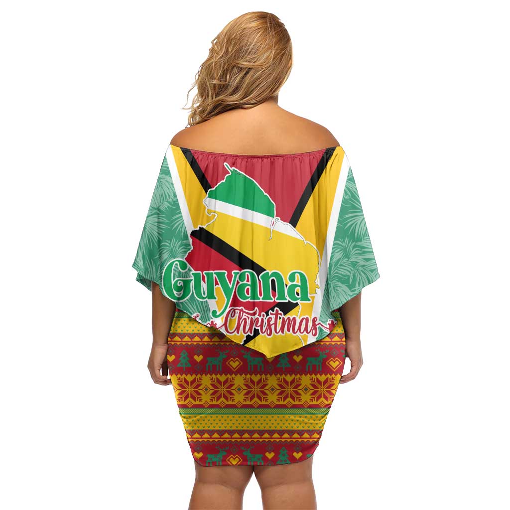 Guyana Christmas Santa Leopard Family Matching Off Shoulder Short Dress and Hawaiian Shirt with Green Red Yellow Gift and Map - Wonder Print Shop