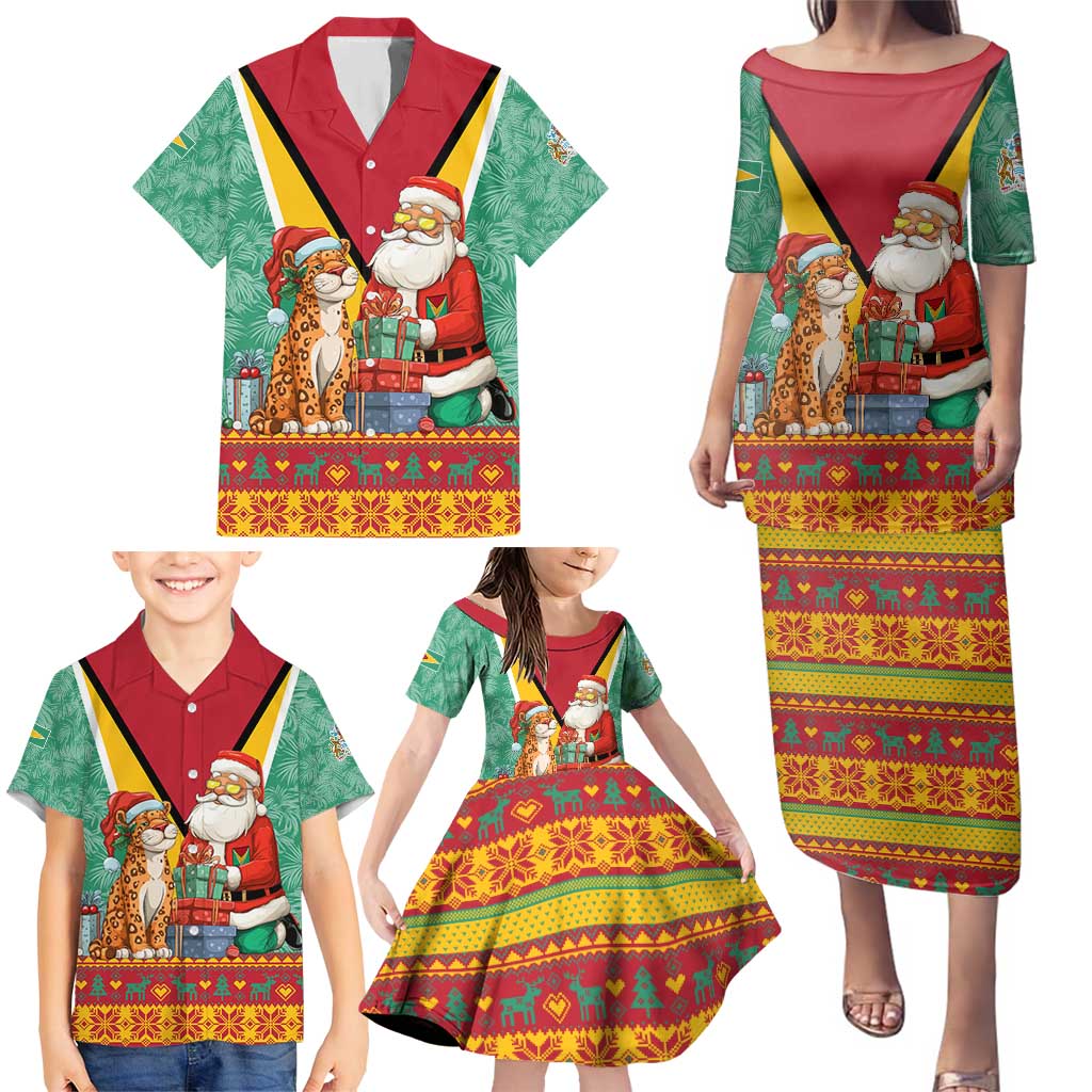 Guyana Christmas Santa Leopard Family Matching Puletasi and Hawaiian Shirt with Green Red Yellow Gift and Map - Wonder Print Shop