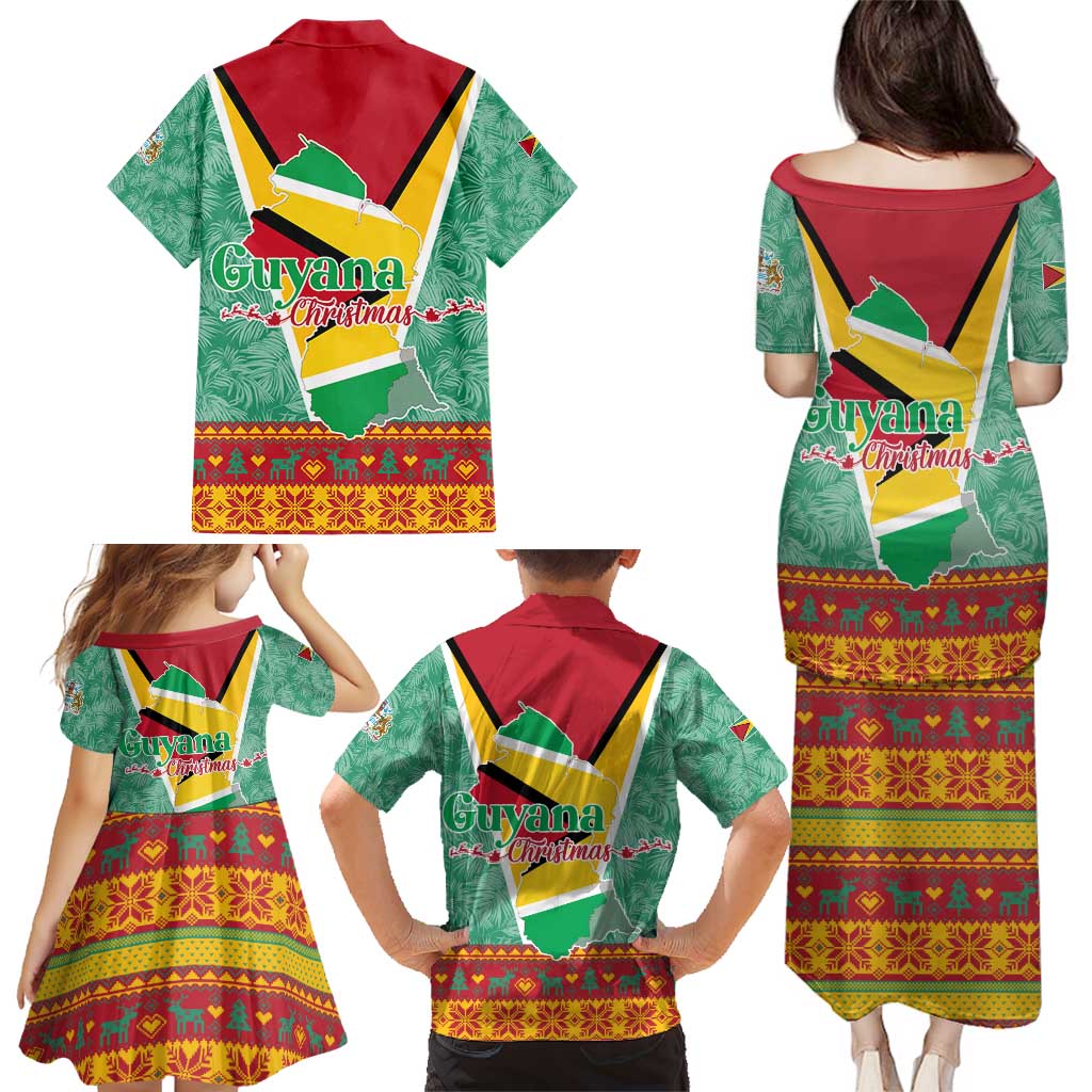 Guyana Christmas Santa Leopard Family Matching Puletasi and Hawaiian Shirt with Green Red Yellow Gift and Map - Wonder Print Shop