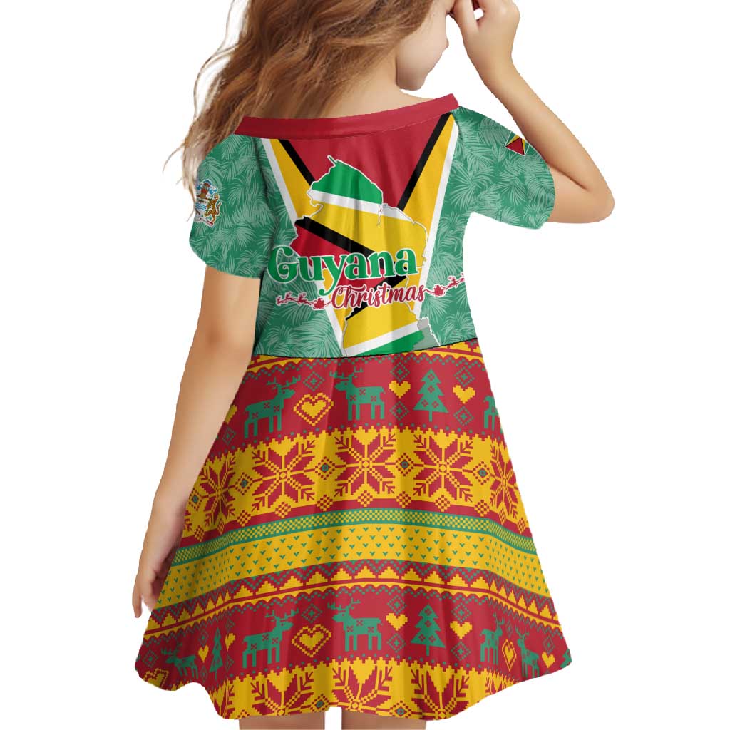 Guyana Christmas Santa Leopard Family Matching Short Sleeve Bodycon Dress and Hawaiian Shirt with Green Red Yellow Gift and Map - Wonder Print Shop