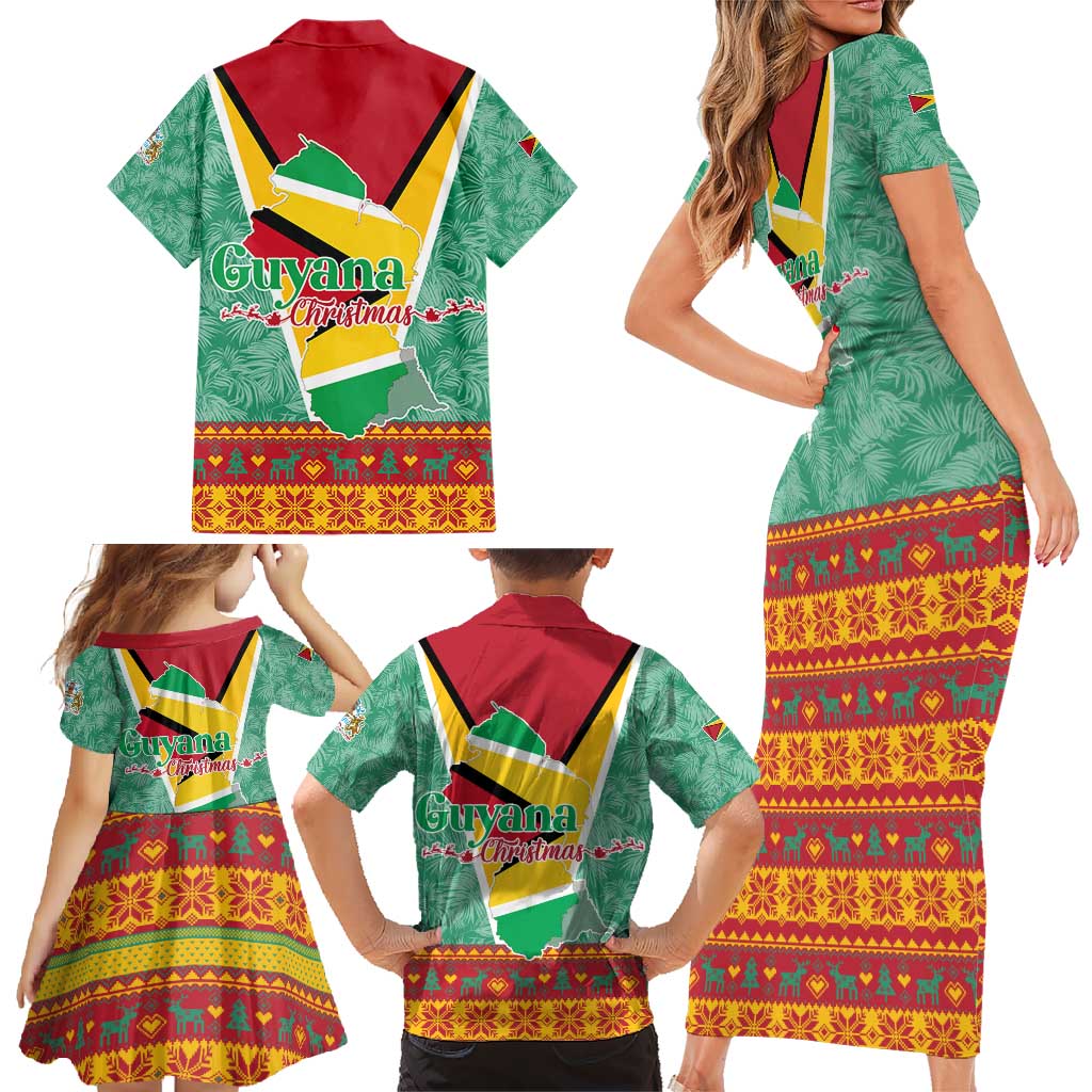 Guyana Christmas Santa Leopard Family Matching Short Sleeve Bodycon Dress and Hawaiian Shirt with Green Red Yellow Gift and Map - Wonder Print Shop