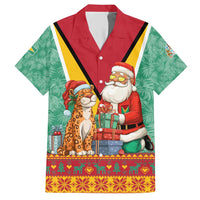 Guyana Christmas Santa Leopard Family Matching Short Sleeve Bodycon Dress and Hawaiian Shirt with Green Red Yellow Gift and Map - Wonder Print Shop