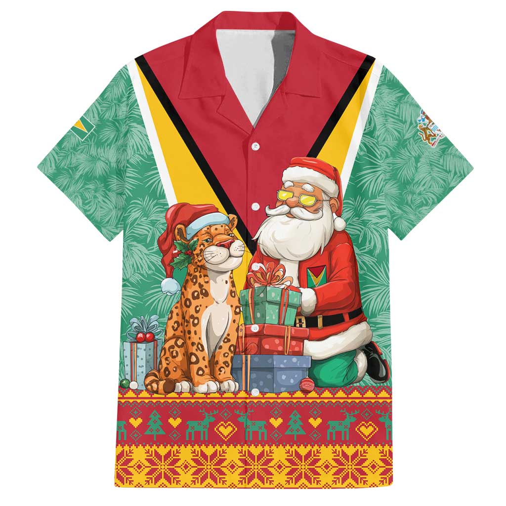 Guyana Christmas Santa Leopard Family Matching Summer Maxi Dress and Hawaiian Shirt with Green Red Yellow Gift and Map - Wonder Print Shop