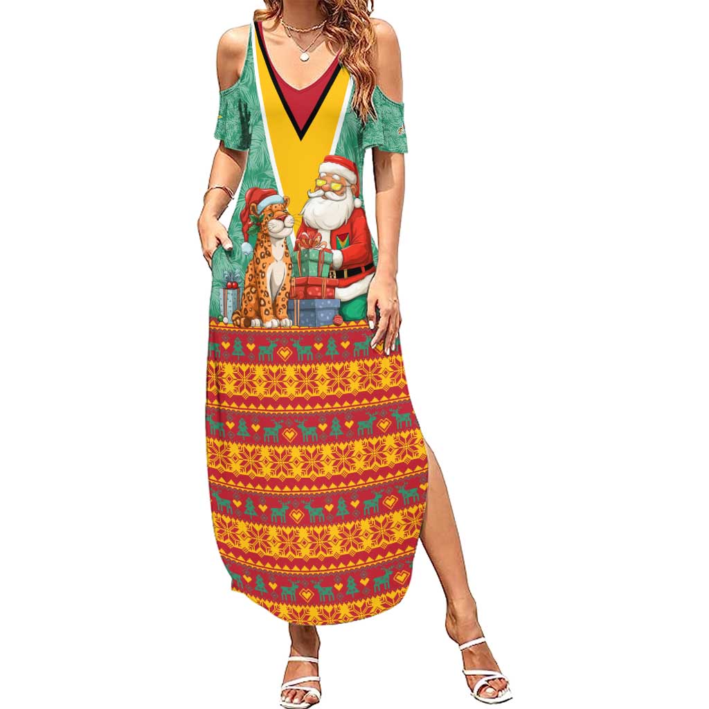 Guyana Christmas Santa Leopard Family Matching Summer Maxi Dress and Hawaiian Shirt with Green Red Yellow Gift and Map - Wonder Print Shop