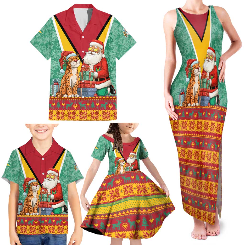Guyana Christmas Santa Leopard Family Matching Tank Maxi Dress and Hawaiian Shirt with Green Red Yellow Gift and Map - Wonder Print Shop